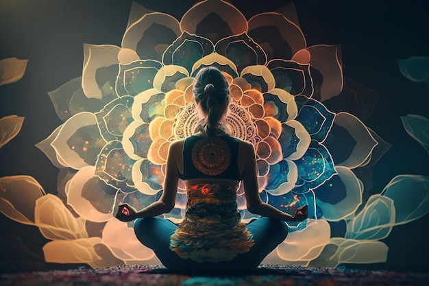 Woman sitting in yoga lotus pose and her connection to space generative ai