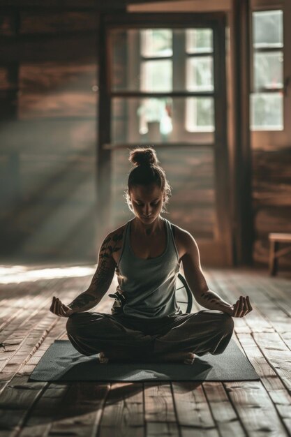 A woman sitting on a yoga mat in a room suitable for wellness and relaxation concepts