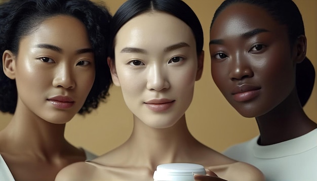 Woman skincare cream and beauty pals with dermatological or cosmetic container diversity Generative AI makes Asian and black people happy