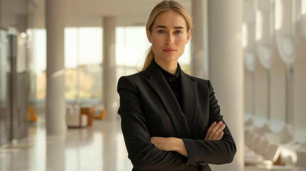 Photo woman in a sleek black suit arms crossed posing in a minimalist office space