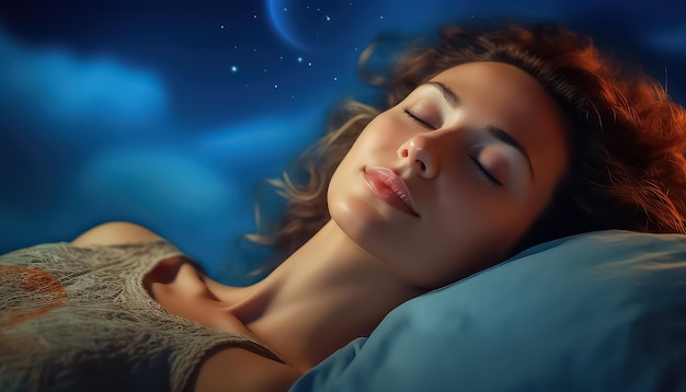 woman sleeping in bed at night with closed eyes