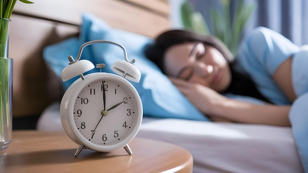 a woman sleeping in bed with a clock that says s on the face