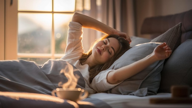 a woman sleeping in bed with a cup of coffee and a morning light