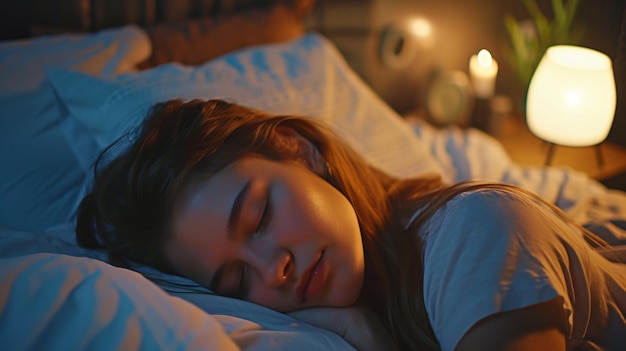 a woman sleeping on a bed with her eyes closed