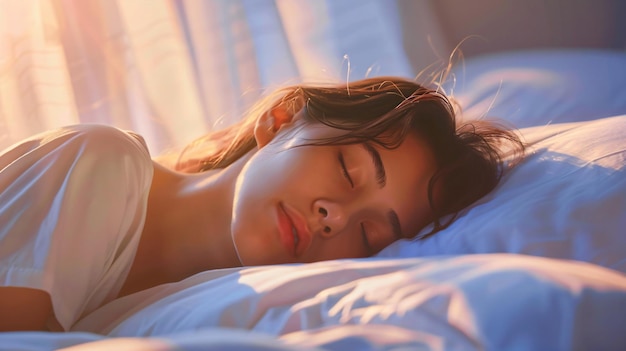 a woman sleeping in a bed with a light shining on her face