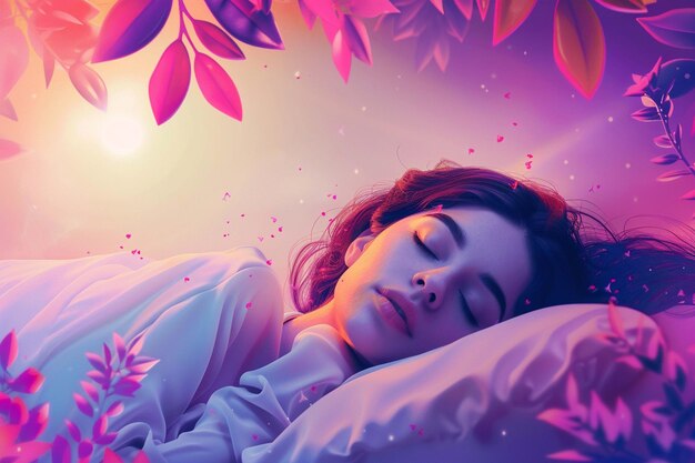 a woman sleeping in a bed with a purple and pink flowered background