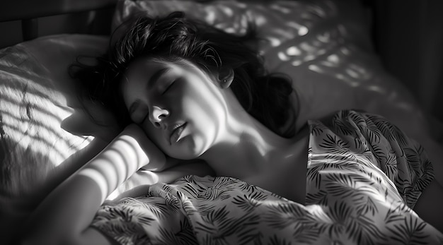 Woman Sleeping in Bed with Sunbeams on Face