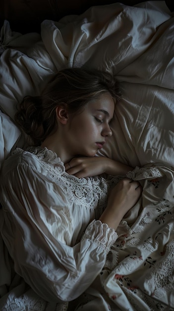 a woman sleeping in a bed with a white sheet with the word  on it