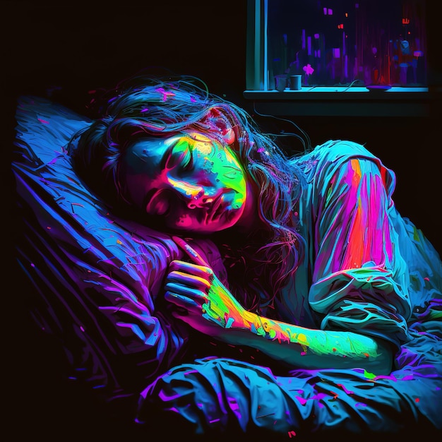 A woman sleeping in a dark room with a rainbow colored background.