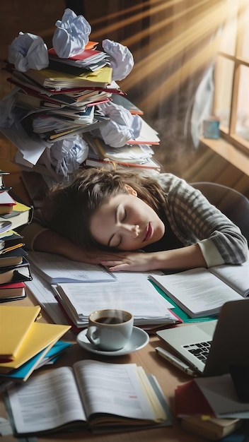 Woman sleeping on desk covered crumpled papers