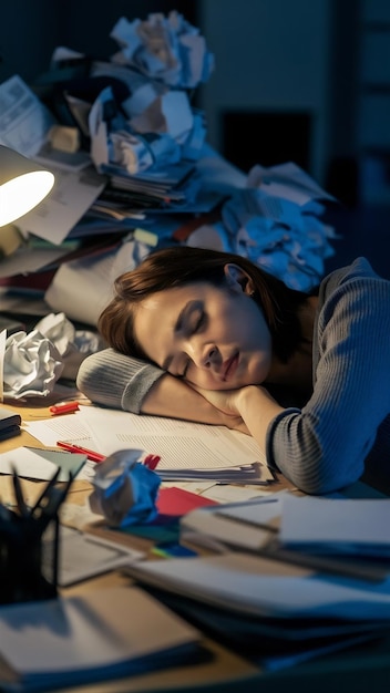 Woman sleeping on desk covered crumpled papers