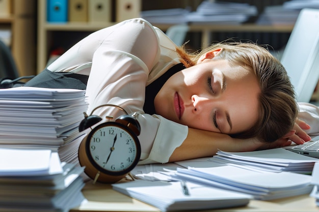 Woman sleeping on desk with alarm clock for time management illustration