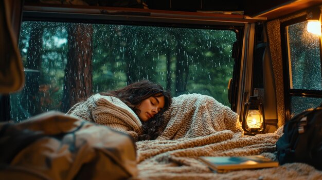 Photo woman sleeping in van with rain outside