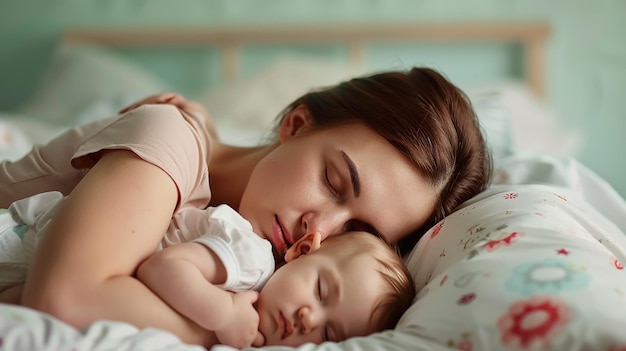 a woman sleeping with her baby on her lap