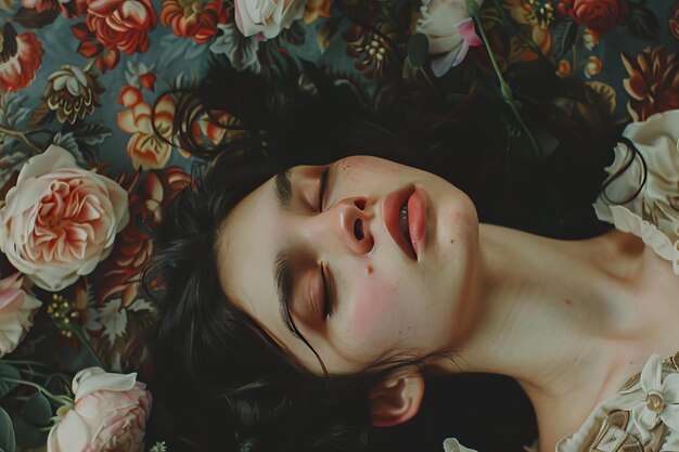 Photo a woman sleeping with her eyes closed and a flowered background