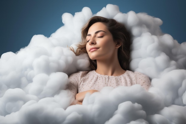 Woman sleeps on a cloud like in the bed