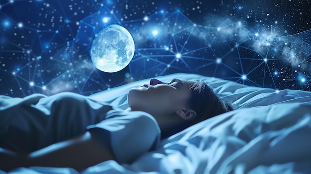 Photo a woman sleeps peacefully in bed with a full moon and stars above her