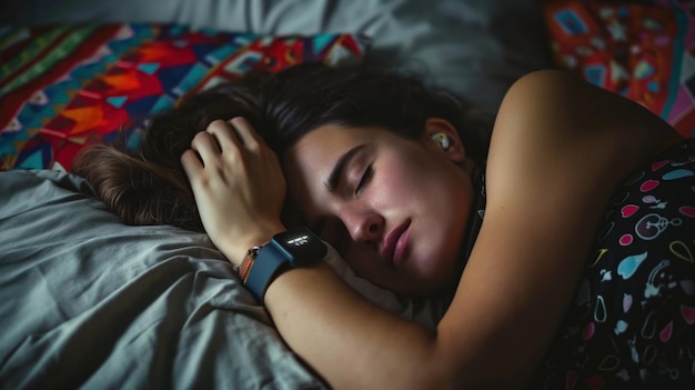 A woman sleeps soundly in bed with her head resting on a pillow with a colorful pattern The woman is wearing a smartwatch and her hair is long and dark