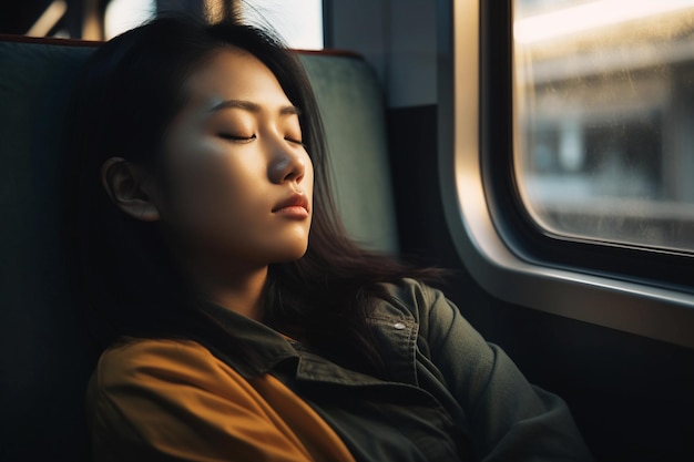 A woman sleeps on a train with her eyes closed and her eyes closed