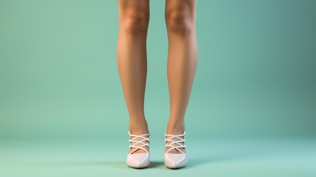 Woman slender legs feet are on the floor on green background