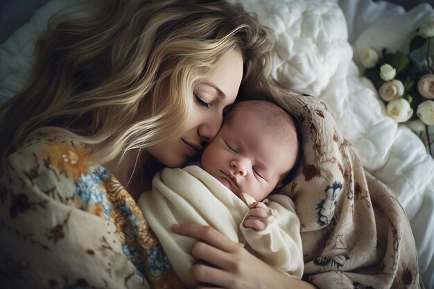 Woman slip with adorable baby wrapped in blanket generative ai