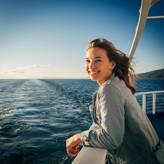 Photo a woman smiles as she smiles on a boat