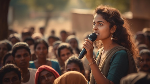 Woman Smiles as She Stands in Front of Group of People Women Day