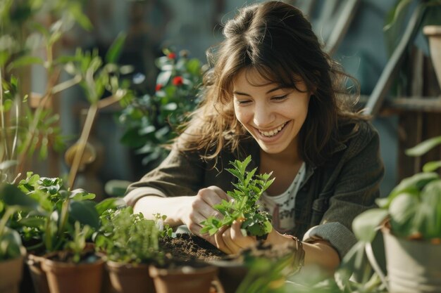 A woman smiles as she tends to plants Suitable for gardening or nature concept