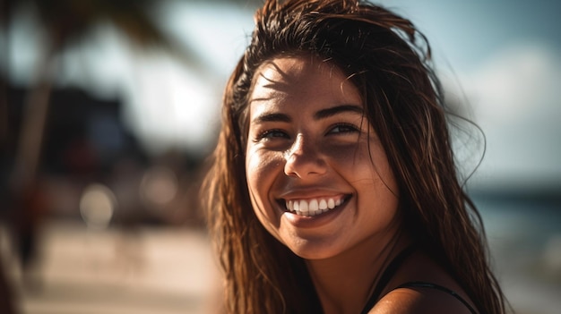 A woman smiles on a beach.