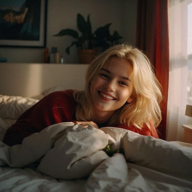 a woman smiles on a bed with a red shirt that says smile