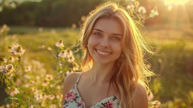 a woman smiles in a field of flowers with the sun behind her