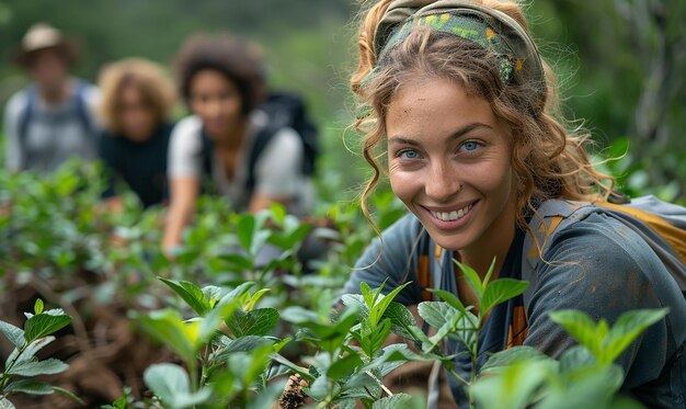 Photo a woman smiles in a field of green plants with a smile on her face