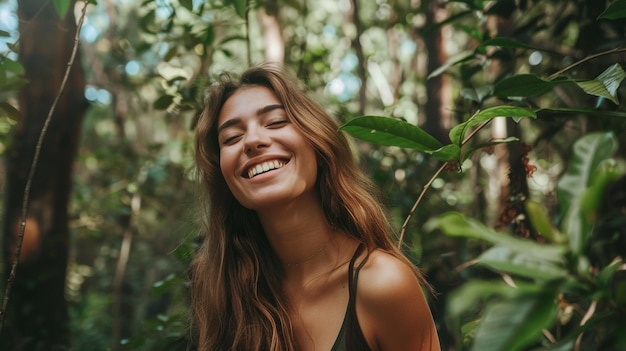 a woman smiles in the forest with a smile