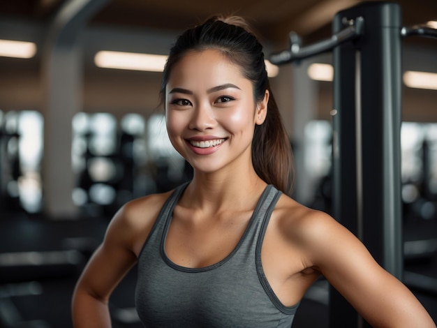 a woman smiles in front of a barbell with her arms around her