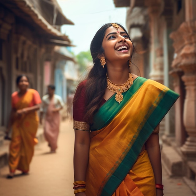 a woman smiles in front of a building with a woman in a sari.