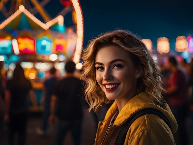 a woman smiles in front of a ferris wheel