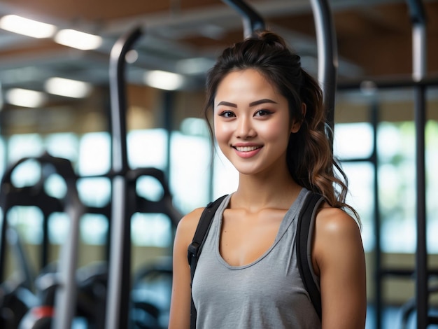 a woman smiles in front of a gym with a smile on her face