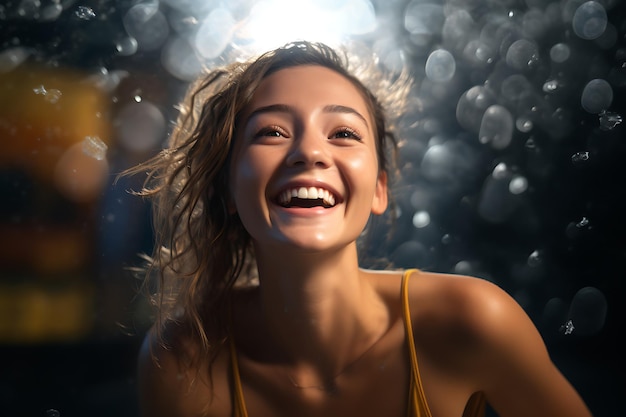 a woman smiles in front of a street light