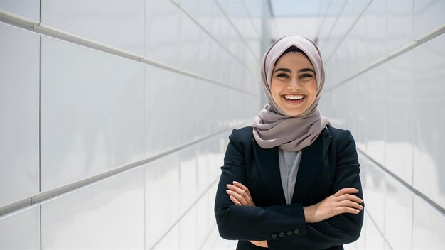 a woman smiles in front of a white wall with a sign that says  she is smiling