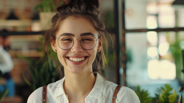 A woman smiles in front of a window wearing glasses