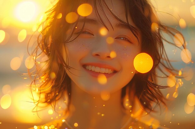 Photo a woman smiles in front of a yellow light