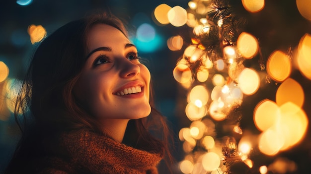 Photo woman smiles at glowing string lights warm festive ambiance