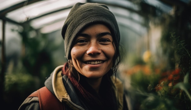 A woman smiles in a greenhouse with a hat on.