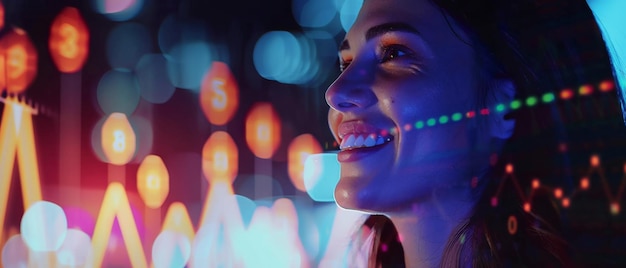 A woman smiles radiantly against a vibrant digital backdrop with glowing charts and numbers suggesting technological connectivity and innovation