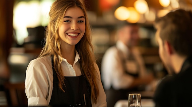 a woman smiles at a restaurant with a glass of wine in front of her