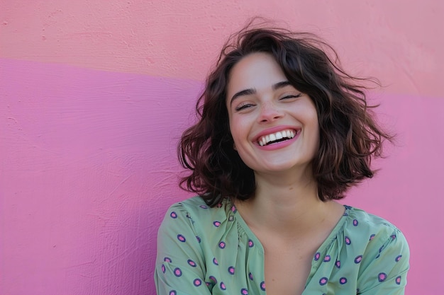 a woman smiles and smiles against a pink wall