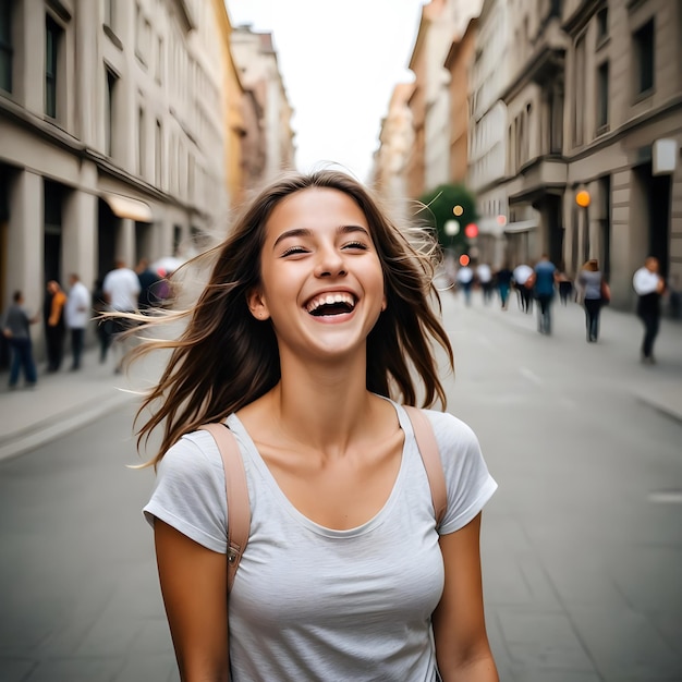 a woman smiles and smiles in the street with a smile on her face