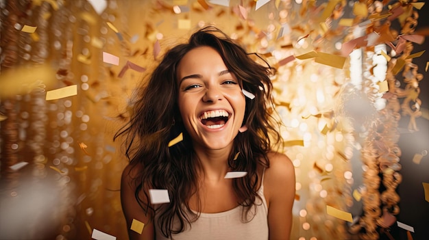 A woman smiles and smiles with confetti behind her.