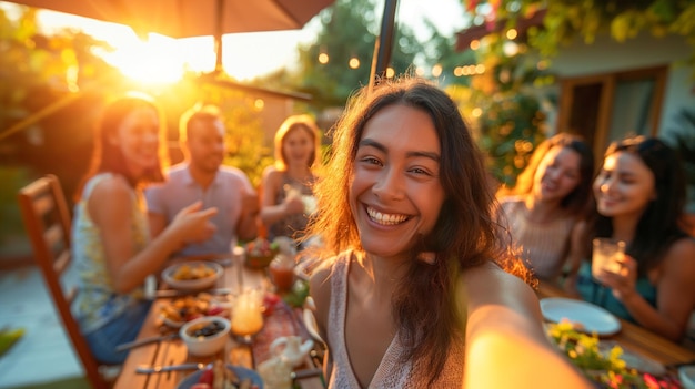 a woman smiles at a table with a group of people in the background