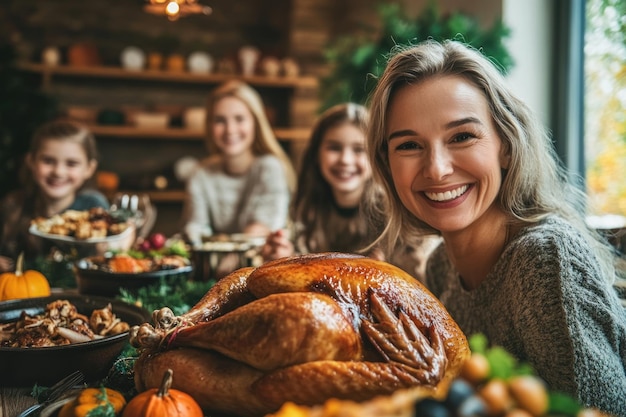 Photo a woman smiles next to a turkey with other women behind her